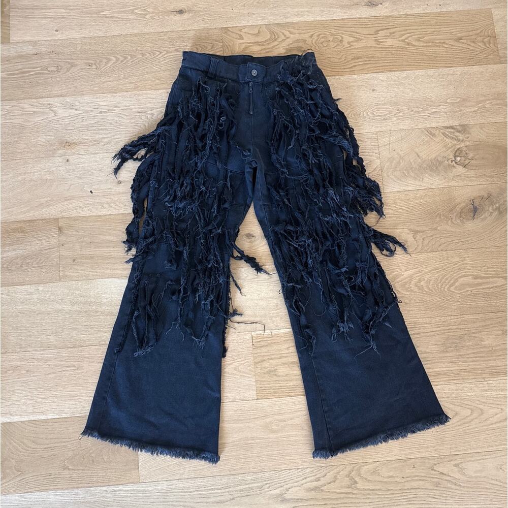 Closnea Jeans Fringed Shredded Wide Leg Size L Black